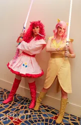 Size: 418x640 | Tagged: safe, derpibooru import, fluttershy, pinkie pie, human, boots, clothes, cosplay, costume, duo, high heel boots, humanized, image, irl, irl human, jedi, jpeg, photo, shoes, star wars