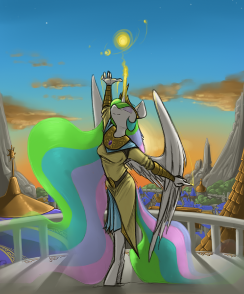 Size: 1466x1766 | Tagged: safe, artist:sinrar, derpibooru import, princess celestia, alicorn, anthro, unguligrade anthro, balcony, clothes, dress, ethereal mane, ethereal tail, eyeshadow, image, jewelry, large wings, makeup, peytral, png, praise the sun, raising the sun, regalia, solo, sunrise, wings