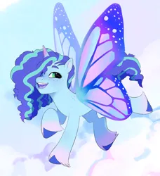 Size: 1757x1927 | Tagged: safe, artist:aztrial, derpibooru import, misty, pony, unicorn, butterfly wings, flying, g5, glimmer wings, image, png, solo, wings