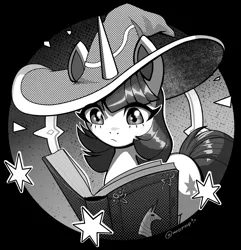 Size: 2008x2085 | Tagged: safe, artist:mrscroup, derpibooru import, twilight sparkle, pony, unicorn, book, grayscale, hat, image, jpeg, monochrome, open book, reading, solo, unicorn twilight, wizard hat