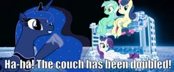 Size: 998x416 | Tagged: safe, derpibooru import, bon bon, lyra heartstrings, princess luna, rarity, sweetie drops, pony, double decker couch, image, lego, meme, png, reference, sitting, speech, talking, text, the fun has been doubled, the lego movie