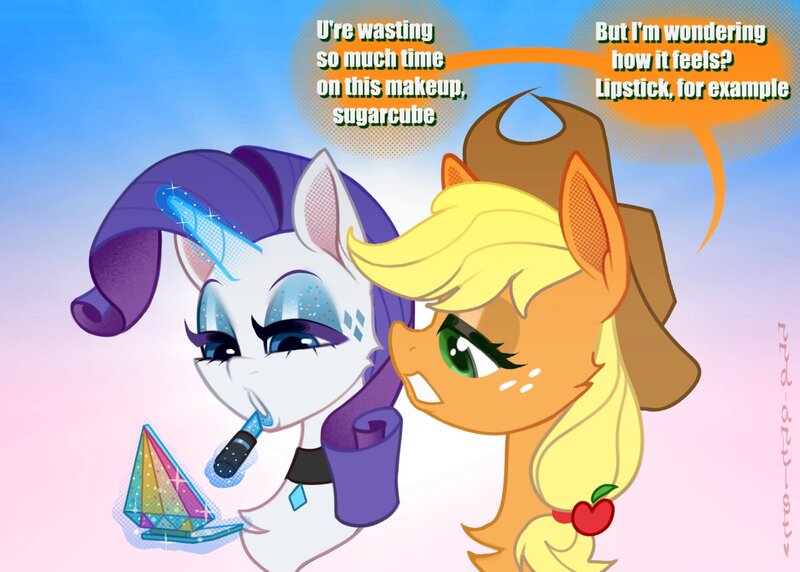 Size: 1420x1015 | Tagged: safe, artist:rrd-artist, derpibooru import, applejack, rarity, choker, comic, female, image, jpeg, lesbian, lipstick, makeup, rarijack, shipping