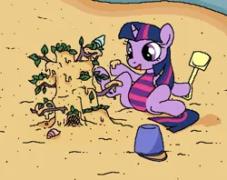 Size: 587x464 | Tagged: safe, artist:myra, derpibooru import, twilight sparkle, pony, unicorn, beach, clothes, female, filly, filly twilight sparkle, happy, image, one-piece swimsuit, png, sand, sandcastle, shovel, sitting, solo, spread legs, spreading, swimsuit, younger