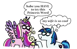 Size: 2048x1312 | Tagged: safe, artist:punkittdev, derpibooru import, princess cadance, shining armor, alicorn, pony, unicorn, bags under eyes, dialogue, drug use, drugs, female, height difference, image, joint, lidded eyes, looking at each other, looking at someone, male, mare, marijuana, png, shiningcadance, shipping, simple background, smoke, speech bubble, stallion, straight, thought bubble, white background