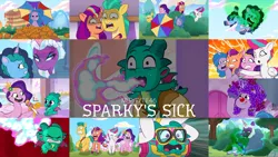 Size: 1974x1111 | Tagged: safe, derpibooru import, edit, edited screencap, editor:quoterific, screencap, hitch trailblazer, izzy moonbow, pipp petals, sparky sparkeroni, sunny starscout, zipp storm, g5, my little pony: tell your tale, spoiler:g5, spoiler:my little pony: tell your tale, spoiler:tyts01e46, image, mane five (g5), misty brightdawn, opaline arcana, png, sparky's sick