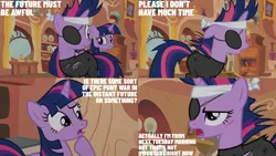 Size: 2000x1125 | Tagged: safe, derpibooru import, edit, edited screencap, editor:quoterific, screencap, twilight sparkle, pony, unicorn, it's about time, alternate hairstyle, bandana, clothes, confused, eyepatch, female, future twilight, golden oaks library, gritted teeth, image, injured, library, mare, open mouth, png, scar, self paradox, self ponidox, teeth, twolight, unicorn twilight