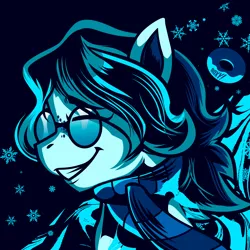 Size: 3000x3000 | Tagged: safe, artist:poxy_boxy, derpibooru import, oc, unofficial characters only, pegasus, pony, bust, clothes, commission, eyes closed, glasses, grin, image, jpeg, limited palette, round glasses, scarf, smiling, solo