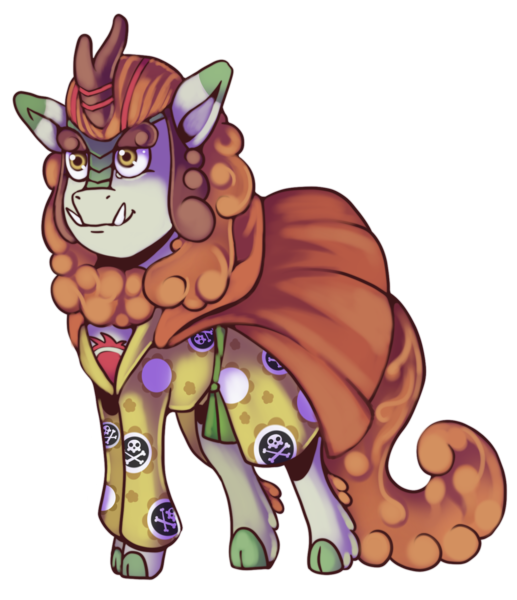 Size: 1487x1726 | Tagged: safe, artist:kenisu-of-dragons, derpibooru import, autumn blaze, kirin, big eyebrows, clothes, cosplay, costume, crossover, female, image, jinbe, kimono (clothing), one piece, png, simple background, solo, tattoo, transparent background