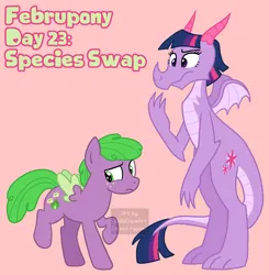 Size: 1872x1910 | Tagged: safe, artist:queertrixie, derpibooru import, spike, twilight sparkle, ponified, dragon, pony, derpibooru exclusive, dragonified, februpony, image, png, ponified spike, simple background, species swap, watermark