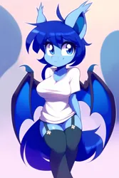 Size: 1024x1536 | Tagged: suggestive, derpibooru import, editor:flitter4935, machine learning generated, novelai, stable diffusion, oc, oc:powder chain, anthro, bat pony, adorasexy, arm behind back, bat pony oc, bat wings, breasts, clothes, cute, ear fluff, garter straps, image, looking at you, png, sexy, shirt, smiling, smiling at you, socks, thigh highs, wings