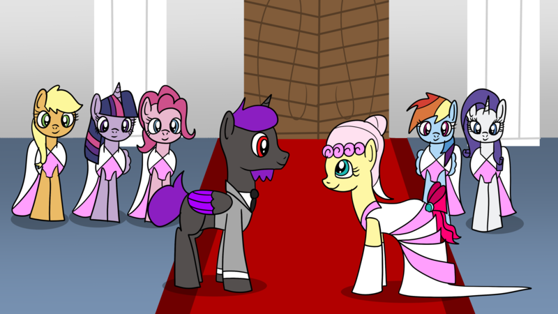 Size: 1920x1080 | Tagged: safe, artist:platinumdrop, derpibooru import, applejack, fluttershy, pinkie pie, rainbow dash, rarity, twilight sparkle, oc, oc:purple word, canon x oc, clothes, dress, female, image, male, mane six, marriage, png, request, shipping, straight, tuxedo, wedding, wedding dress