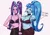 Size: 3508x2480 | Tagged: safe, artist:nire, derpibooru import, aria blaze, sonata dusk, human, equestria girls, belly button, belly piercing, big breasts, blushing, bra, bracelet, breast envy, breasts, busty sonata dusk, choker, cleavage, clothes, ear piercing, earring, eyeshadow, high res, image, jewelry, leggings, lipstick, makeup, nail polish, pants, piercing, pigtails, png, ponytail, simple background, small breasts, smug, spiked choker, spiked wristband, the dazzlings, twintails, underwear, wide hips, wristband