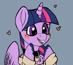 Size: 1800x1600 | Tagged: safe, artist:brainiac, derpibooru import, twilight sparkle, twilight sparkle (alicorn), alicorn, pony, blushing, clothes, collar, female, floating heart, heart, image, mare, open mouth, open smile, pet play, pet tag, png, pony pet, smiling, solo, sweater, unshorn fetlocks
