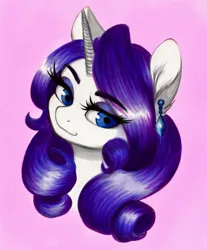 Size: 1050x1266 | Tagged: safe, artist:cherubisous, derpibooru import, rarity, pony, unicorn, bust, ear piercing, earring, eye clipping through hair, eyebrows, eyebrows visible through hair, eyeshadow, female, image, jewelry, jpeg, makeup, mare, piercing, pink background, simple background, smiling, solo