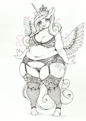 Size: 3283x4638 | Tagged: suggestive, artist:longinius, derpibooru import, princess cadance, alicorn, anthro, pony, bbw, belly button, blushing, bra, breasts, cameltoe, chubby, cleavage, clothes, crown, fat, female, garter belt, image, jewelry, lace underwear, lingerie, mare, monochrome, png, regalia, socks, solo, solo female, stockings, thigh highs, thighs, thunder thighs, traditional art, underwear, wide hips