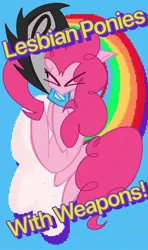 Size: 640x1080 | Tagged: safe, artist:brokenoutlet666, derpibooru import, pinkie pie, earth pony, pony, eyes closed, image, jpeg, mouthpiece, pride flag, rainbow, solo, text, virtue signalling, vylet pony