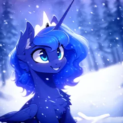 Size: 3072x3072 | Tagged: safe, derpibooru import, editor:nightluna, machine learning assisted, machine learning generated, purplesmart.ai, stable diffusion, princess luna, alicorn, pony, chest fluff, crown, diadem, ear fluff, female, high res, image, jewelry, jpeg, mare, regalia, smiling, snow, solo, teeth, tree, winter