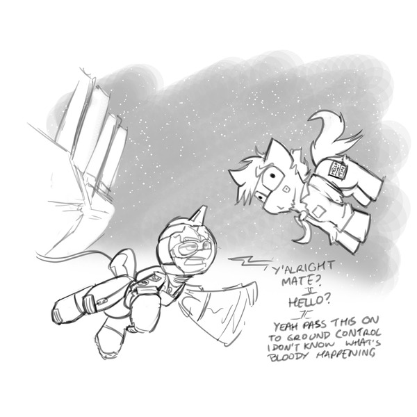 Size: 3000x3000 | Tagged: safe, artist:captainhoers, derpibooru import, oc, oc:tim, unofficial characters only, earth pony, pony, unicorn, dialogue, duo, grayscale, high res, i can breathe in space, image, jpeg, male, monochrome, space, spacesuit, stallion, zero gravity