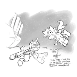 Size: 3000x3000 | Tagged: safe, artist:captainhoers, derpibooru import, oc, oc:tim, unofficial characters only, earth pony, pony, unicorn, dialogue, duo, grayscale, high res, i can breathe in space, image, jpeg, male, monochrome, space, spacesuit, stallion, zero gravity