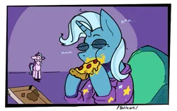 Size: 693x434 | Tagged: safe, artist:balileart, derpibooru import, starlight glimmer, trixie, pony, unicorn, clothes, duo, eating, eyes closed, food, image, pizza, png, sitting, text