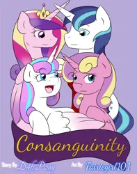 Size: 806x1024 | Tagged: safe, artist:fairiegirl101, artist:spearmint sonnet, derpibooru import, princess cadance, princess flurry heart, princess skyla, shining armor, alicorn, pony, unicorn, fanfic, fanfic:consanguinity, fanfic:seven years, alternate universe, banner, dress uniform, family, fanfic art, fanfic cover, female, group, horn, image, jewelry, jpeg, lavender background, male, male and female, offspring, parent:princess cadance, parent:shining armor, parents:shiningcadance, peytral, quartet, siblings, simple background, sisters, text, tiara, wings