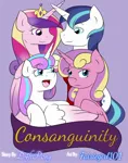 Size: 806x1024 | Tagged: safe, artist:fairiegirl101, artist:spearmint sonnet, derpibooru import, princess cadance, princess flurry heart, princess skyla, shining armor, alicorn, pony, unicorn, fanfic, fanfic:consanguinity, fanfic:seven years, alternate universe, banner, dress uniform, family, fanfic art, fanfic cover, female, group, horn, image, jewelry, jpeg, lavender background, male, male and female, offspring, parent:princess cadance, parent:shining armor, parents:shiningcadance, peytral, quartet, siblings, simple background, sisters, text, tiara, wings