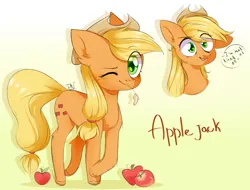 Size: 2524x1914 | Tagged: safe, artist:pledus, derpibooru import, part of a set, applejack, earth pony, pony, apple, bust, cute, dialogue, ear fluff, eye clipping through hair, female, food, gradient background, image, jackabetes, leg fluff, looking at you, mare, one eye closed, open mouth, png, portrait, smiling, solo, speech bubble, straw in mouth, wink