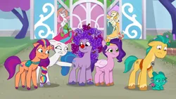 Size: 3072x1727 | Tagged: safe, derpibooru import, screencap, hitch trailblazer, izzy moonbow, pipp petals, sparky sparkeroni, sunny starscout, zipp storm, dragon, earth pony, pegasus, pony, unicorn, my little pony: tell your tale, spoiler:g5, spoiler:my little pony: tell your tale, spoiler:tyts01e46, baby, baby dragon, clown, clown nose, crystal brighthouse, female, food, frown, g5, grapes, image, jpeg, male, mane five (g5), mare, red nose, royal sisters (g5), siblings, sisters, smiling, sparky's sick, stallion