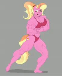 Size: 2958x3617 | Tagged: safe, artist:matchstickman, derpibooru import, luster dawn, anthro, plantigrade anthro, pony, unicorn, abs, biceps, bikini, bodybuilder, breasts, busty luster dawn, calves, clothes, deltoids, female, flexing, gray background, image, jpeg, looking at you, luster brawn, mare, muscles, muscular female, pecs, red bikini, red swimsuit, simple background, solo, swimsuit, thighs, thunder thighs, triceps