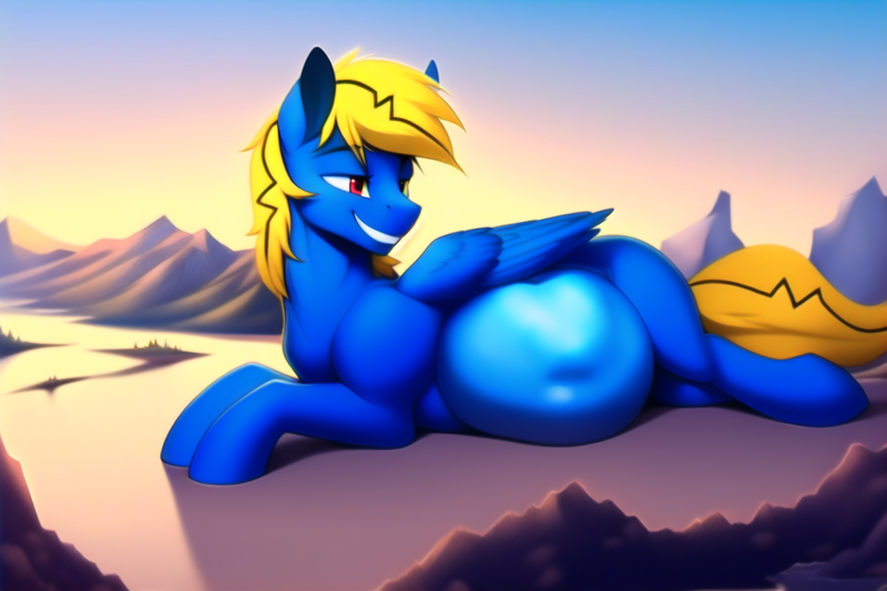 Size: 1536x1024 | Tagged: suggestive, derpibooru import, machine learning generated, oc, oc:thunder lightning, unofficial characters only, pegasus, pony, belly, big belly, image, macro, male, mountain, pegasus oc, png, smug, solo, sunset, wings