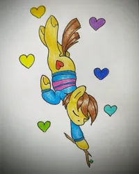 Size: 851x1064 | Tagged: safe, artist:mintytreble, derpibooru import, ponified, earth pony, pony, clothes, crossover, falling, frisk, heart, image, jpeg, simple background, stick, sweater, traditional art, undertale