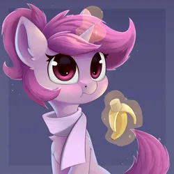 Size: 1200x1200 | Tagged: safe, artist:anti1mozg, derpibooru import, oc, oc:lavrushka, unofficial characters only, pony, unicorn, abstract background, banana, chest fluff, clothes, eating, female, food, herbivore, image, jpeg, looking at you, magic, mare, scarf, solo, telekinesis