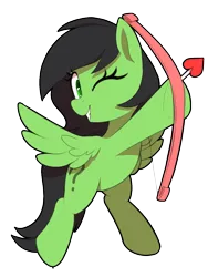 Size: 750x1000 | Tagged: safe, artist:thebatfang, derpibooru import, oc, oc:anonfilly, pegasus, pony, bow (weapon), female, filly, hearts and hooves day, holiday, image, one eye closed, png, simple background, smiling, spread wings, transparent background, valentine's day, wings, wink