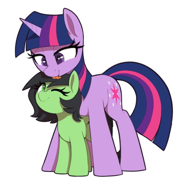 Size: 1200x1200 | Tagged: safe, artist:thebatfang, derpibooru import, twilight sparkle, oc, oc:anonfilly, earth pony, pony, unicorn, duo, featured image, female, filly, horn, image, implied foalcon, implied underage, licking, mare, one eye closed, png, simple background, standing over, tongue out, transparent background, unicorn twilight