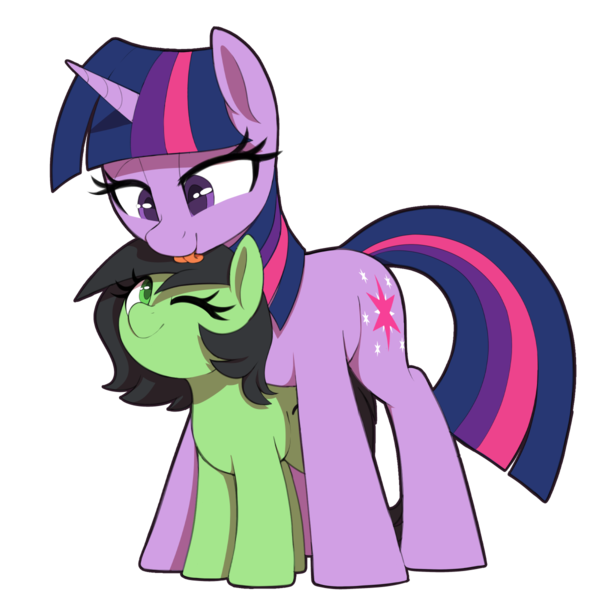 Size: 1200x1200 | Tagged: safe, artist:thebatfang, derpibooru import, twilight sparkle, oc, oc:anonfilly, earth pony, pony, unicorn, cute, duo, featured image, female, filly, foal, happy, horn, image, licking, mare, one eye closed, png, simple background, smiling, standing over, tongue out, transparent background, unicorn twilight