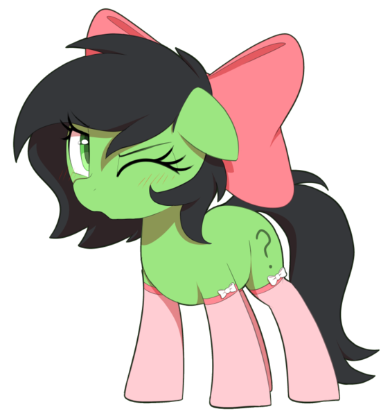 Size: 750x800 | Tagged: safe, artist:thebatfang, derpibooru import, oc, oc:anonfilly, unofficial characters only, earth pony, pony, bow, clothes, female, filly, image, mane bow, one eye closed, png, simple background, socks, solo, transparent background