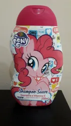 Size: 720x1280 | Tagged: safe, derpibooru import, pinkie pie, earth pony, pony, brazilian portuguese, cute, image, irl, jpeg, looking at you, merchandise, photo, shampoo, solo