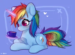 Size: 2700x2000 | Tagged: safe, artist:shelti, derpibooru import, rainbow dash, pony, unicorn, backwards cutie mark, cup, female, high res, image, levitation, magic, mare, png, race swap, signature, sitting, solo, teacup, telekinesis, unicorn rainbow dash