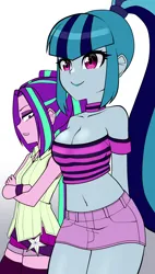 Size: 1250x2200 | Tagged: safe, artist:nekojackun, derpibooru import, aria blaze, sonata dusk, human, equestria girls, alternate clothes, aria flat, arisona, arm behind back, bare shoulders, belly button, big breasts, booty shorts, bracelet, braless, breast envy, breasts, busty sonata dusk, choker, cleavage, clothes, crossed arms, delicious flat chest, duo, duo female, eyelashes, eyeshadow, female, image, jealous, jewelry, lesbian, lips, makeup, midriff, miniskirt, off shoulder, pigtails, png, ponytail, sexy, shipping, short shirt, shorts, simple background, skirt, small breasts, socks, thigh highs, vest, white background