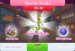 Size: 1262x857 | Tagged: safe, derpibooru import, official, unnamed character, bundle, bush, costs real money, english, fireworks, gameloft, grootslang, image, jpeg, magic coins, mobile game, my little pony: magic princess, numbers, sale, solo, solo focus, stage, text, unnamed snake