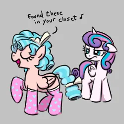 Size: 280x280 | Tagged: safe, artist:somethingatall, derpibooru import, cozy glow, princess flurry heart, alicorn, pegasus, pony, clothes, dialogue, duo, eyes closed, female, filly, foal, folded wings, gray background, horn, image, older, older flurry heart, open mouth, png, raised hoof, simple background, smiling, socks, speech bubble, text, unamused, wings