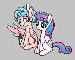 Size: 341x273 | Tagged: safe, artist:somethingatall, derpibooru import, cozy glow, princess flurry heart, alicorn, pegasus, pony, alcohol, bottle, duo, female, filly, foal, gray background, horn, image, older, older flurry heart, png, simple background, sitting, smiling, wine, wine bottle, wings