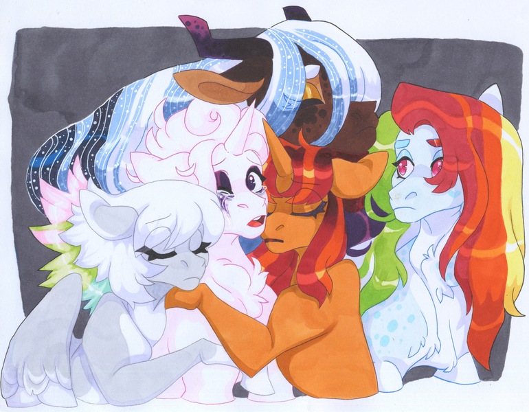 Size: 3790x2954 | Tagged: safe, artist:frozensoulpony, derpibooru import, oc, oc:pastel sails, oc:phoenix fireworks, oc:prince azimuth, oc:rose, oc:sundance tinker, hybrid, pegasus, pony, unicorn, female, hug, image, interspecies offspring, jpeg, magical lesbian spawn, mare, offspring, parent:discord, parent:double diamond, parent:princess luna, parent:rainbow dash, parent:sunset shimmer, parent:thunderlane, parent:twilight sparkle, parents:doubledash, parents:lunacord, parents:sunsetsparkle, parents:thunderdash, traditional art