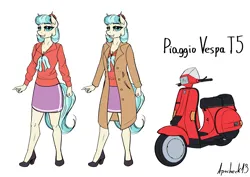 Size: 3508x2480 | Tagged: safe, artist:apocheck13, derpibooru import, coco pommel, anthro, earth pony, ascot, clothes, female, high heels, image, looking at you, overcoat, png, reference sheet, shoes, simple background, skirt, solo, solo female, vespa, white background