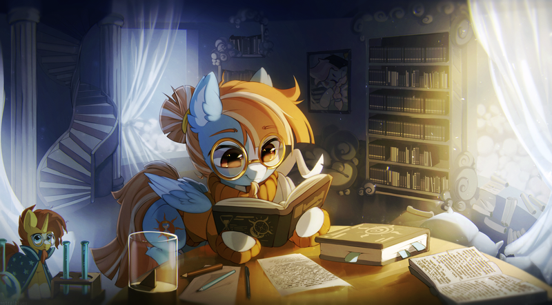Size: 3660x2020 | Tagged: safe, artist:astralblues, derpibooru import, sunburst, oc, unofficial characters only, pegasus, pony, book, bookshelf, clothes, curtains, doll, female, figurine, folded wings, high res, image, mare, pencil, png, reading, scroll, solo, stairs, sundial, sweater, test tube, toy, window, wings