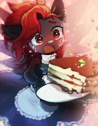 Size: 1509x1935 | Tagged: safe, artist:astralblues, derpibooru import, oc, unofficial characters only, pegasus, pony, blushing, cake, clothes, female, food, image, maid, mare, open mouth, png, solo, teary eyes