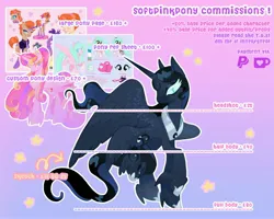 Size: 4096x3277 | Tagged: safe, artist:softpinkpony, derpibooru import, princess cadance, princess luna, oc, oc:misty haze, ponified, alicorn, pegasus, pony, unicorn, advertisement, alternate design, commission, commission info, digital art, gradient background, horn, image, jpeg, moira, overwatch, pegasus oc, price sheet, redesign, reference sheet, tail, text, wings