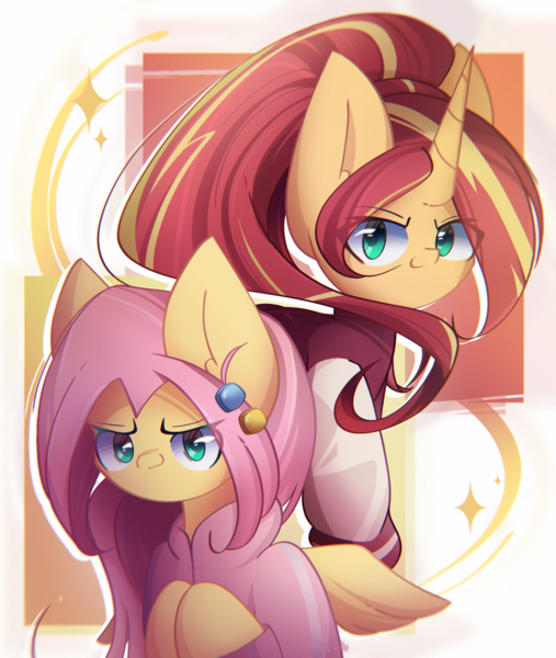 Size: 1900x2250 | Tagged: safe, artist:miryelis, derpibooru import, fluttershy, sunset shimmer, pegasus, pony, unicorn, barrette, big ears, bocchi the rock, clothes, cosplay, costume, horn, image, impossibly large ears, jacket, long hair, looking at you, png, simple background, smiling, smiling at you, wings