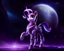 Size: 1920x1536 | Tagged: safe, derpibooru import, editor:siber, machine learning assisted, machine learning generated, purplesmart.ai, stable diffusion, starlight glimmer, pony, unicorn, armor, female, image, looking at you, mare, mass effect, png, power armor, raised hoof, solo, space