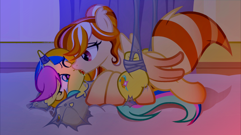 Size: 2208x1242 | Tagged: suggestive, artist:pinkiemina_憑酱, derpibooru import, oc, oc:lemon, oc:sunset, monster pony, original species, spiderpony, unicorn, bed, bedroom, bedroom eyes, bondage, female, horn, image, kissing, lesbian, magic suppression, png, spider web, unicorn oc